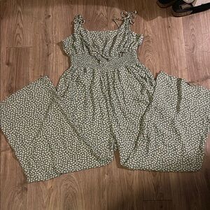 American Eagle Outfitters Sage Green Floral Tie-Shoulder Jumpsuit